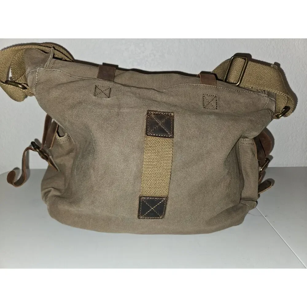 S-ZONE Khaki Canvas W/Leather Accents Messenger Bag Laptop Carry Case 15x12x4